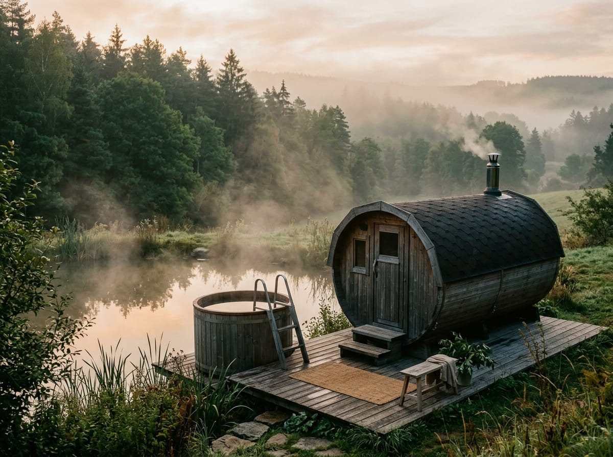 Sudová sauna a ochlazovací káď u rybníka za svítání. Ilustrační obrázek.