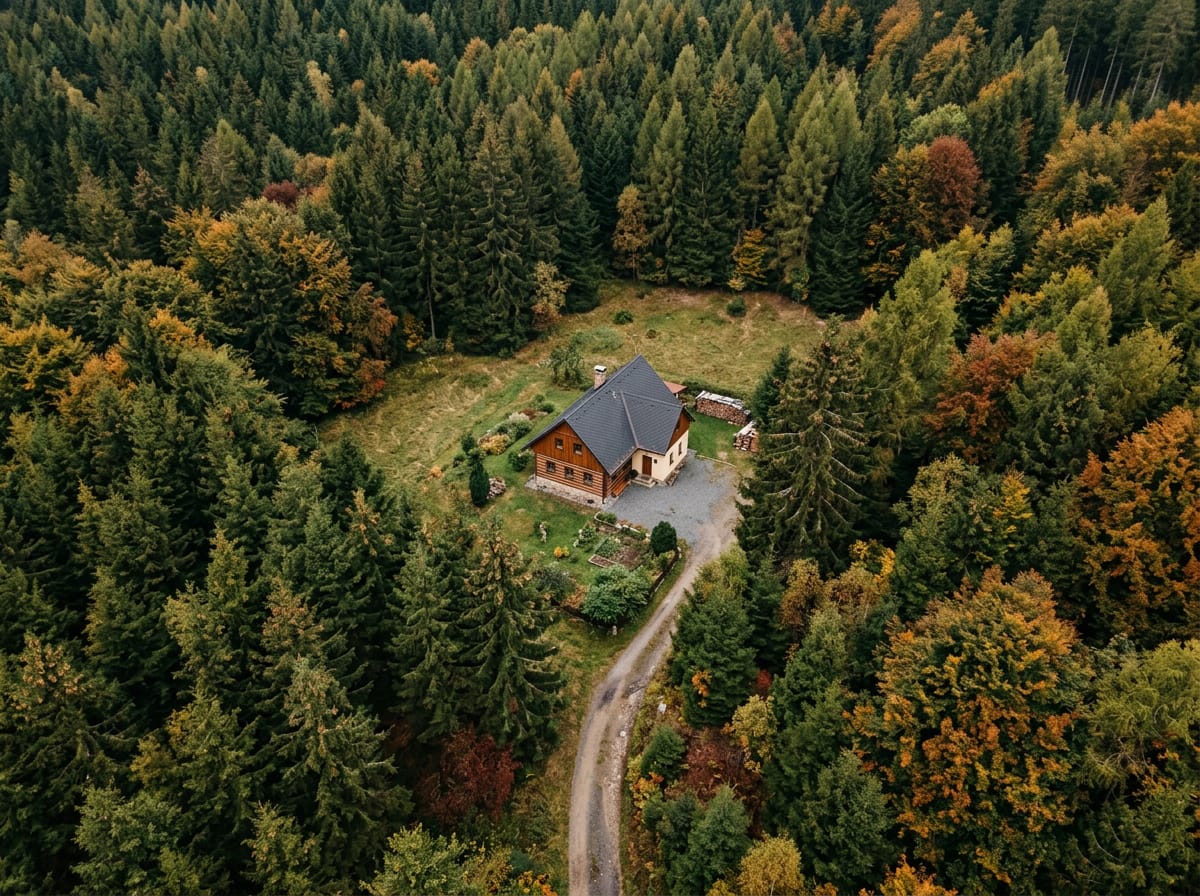 Skutečná samota z výšky: jedna střecha, kolem jen les. Ilustrační obrázek.